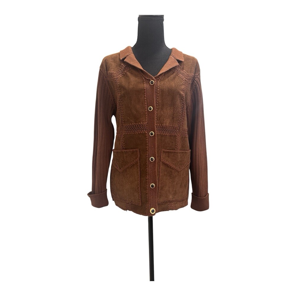 Vintage Lisa International Brown Suede Knit Cardigan Size M